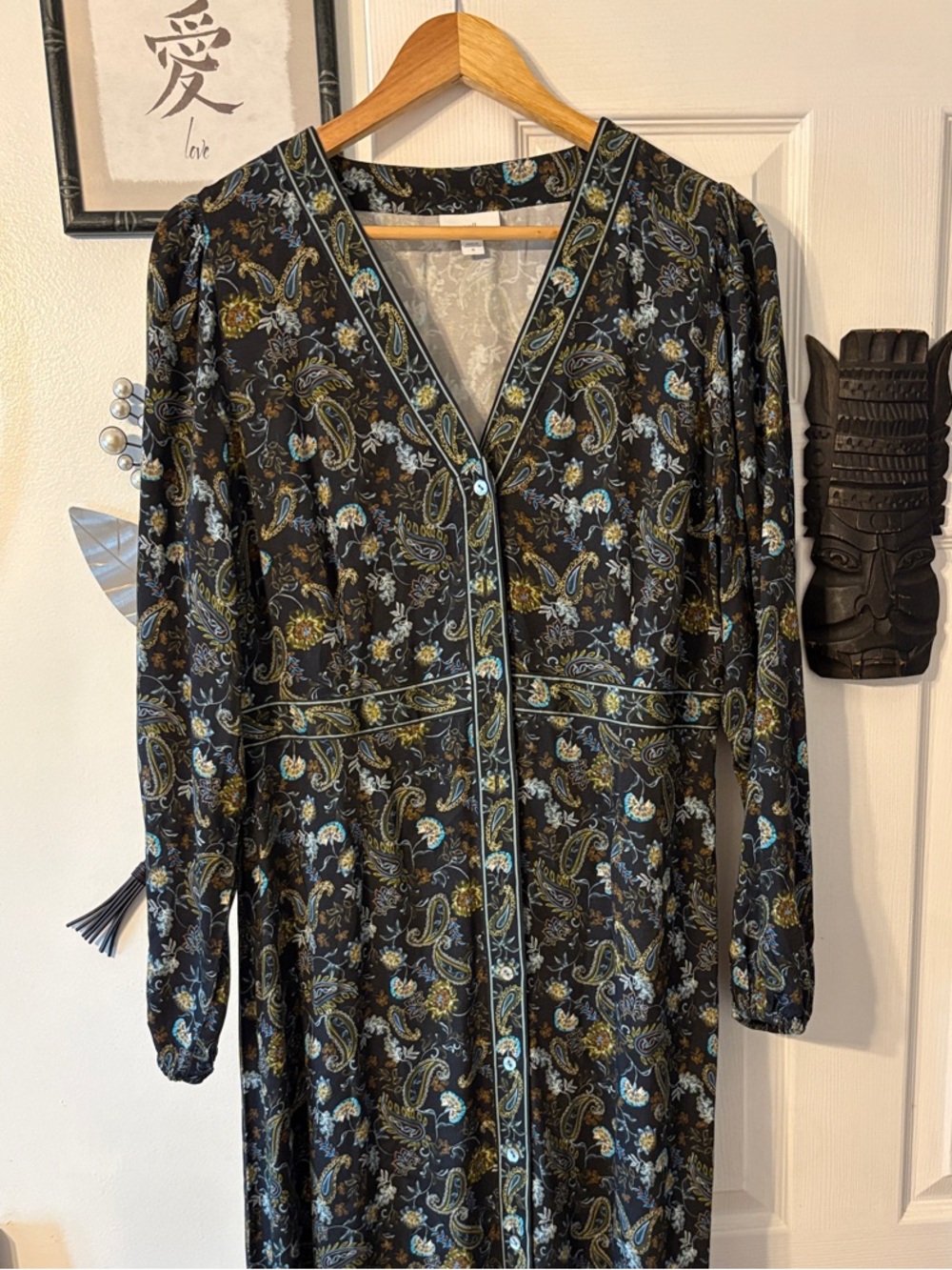 J. Jill Black Paisley Long Sleeve Button-Front Dress with Blue and Gold Accents